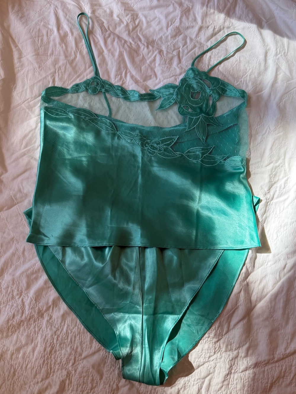 Vintage Victoria's Secret Gold Label Teal Satin Sheer Cami & Short set